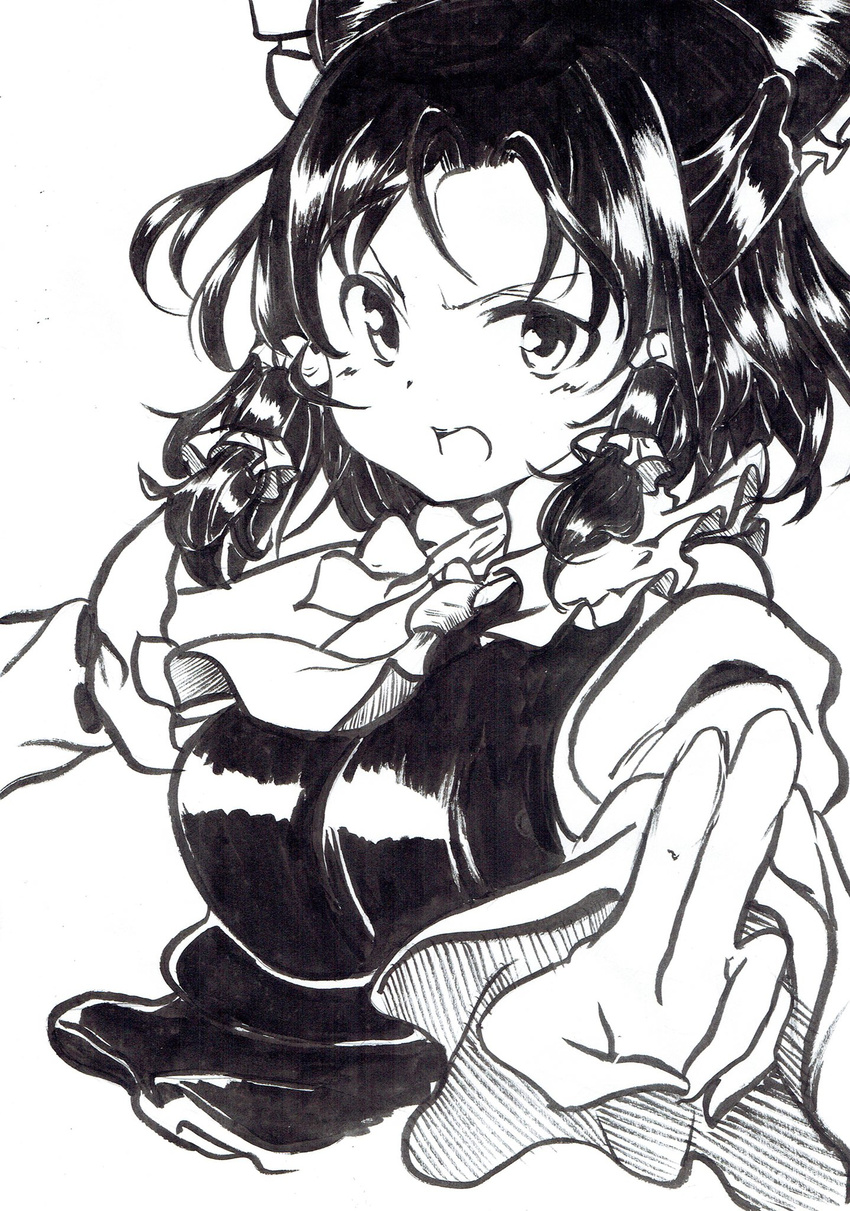 angry ascot blouse bow breasts brushpen_(medium) detached_sleeves fingers_together frilled_shirt_collar frills fudepen_(medium) greyscale hair_bow hair_tubes hakurei_reimu highres looking_at_viewer mahiro_(akino-suisen) medium_breasts monochrome open_mouth outstretched_arms short_hair solo touhou traditional_media upper_body