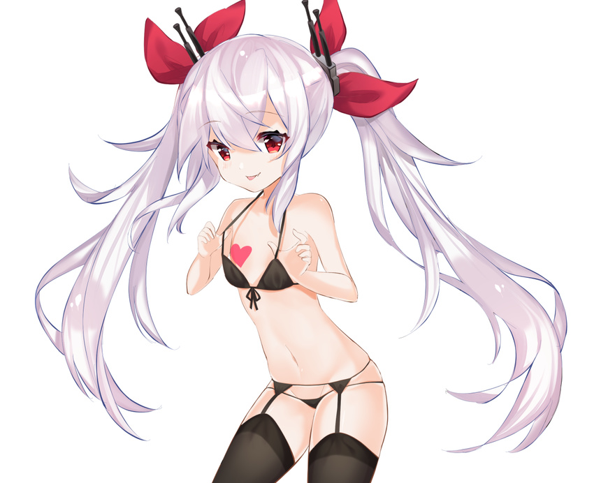 :p azur_lane black_bra black_legwear bra closed_mouth cona_kinaco cowboy_shot eyebrows_visible_through_hair fang_out flat_chest front-tie_top garter_belt groin hair_between_eyes hair_ribbon halterneck heart lavender_hair long_hair navel panties red_eyes red_ribbon ribbon side-tie_panties simple_background solo thighhighs tongue tongue_out twintails underwear vampire_(azur_lane) very_long_hair white_background