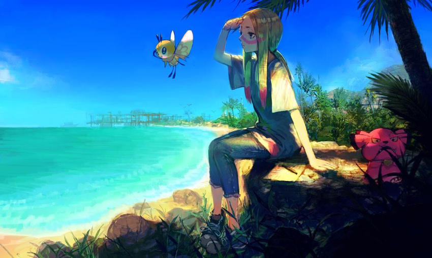 beach blonde_hair blue_eyes blue_pants blue_sky commentary_request day facepaint from_side full_body gen_2_pokemon gen_7_pokemon grass half-closed_eyes hand_to_forehead hand_up heart long_hair looking_afar matsurika_(pokemon) ocean outdoors palm_tree pants pokemon pokemon_(creature) pokemon_(game) pokemon_sm ponytail ribombee ryono_mizuki ship shirt shoes short_sleeves sitting sky sneakers snubbull tree trial_captain watercraft white_shirt wings