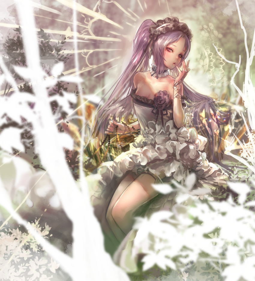 bare_shoulders bracelet branch choker commentary_request dress fate/grand_order fate/hollow_ataraxia fate_(series) flower grass hairband highres jewelry kaburagi_yasutaka leaf lolita_hairband long_hair looking_at_viewer open_mouth purple_eyes purple_hair ribbon sitting solo stheno strapless strapless_dress twintails white_dress