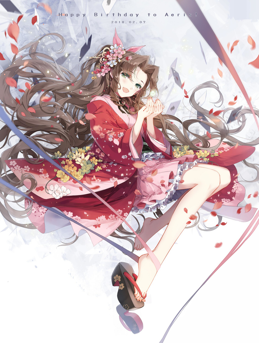 :d aerith_gainsborough bangs bare_legs blush brown_hair character_name cherry_blossom_print clog_sandals commentary_request dated eyebrows_visible_through_hair final_fantasy final_fantasy_vii frills green_eyes happy_birthday highres japanese_clothes kieta kimono long_hair looking_at_viewer open_clothes open_kimono open_mouth parted_bangs petals pink_kimono print_kimono sandals short_kimono smile solo very_long_hair