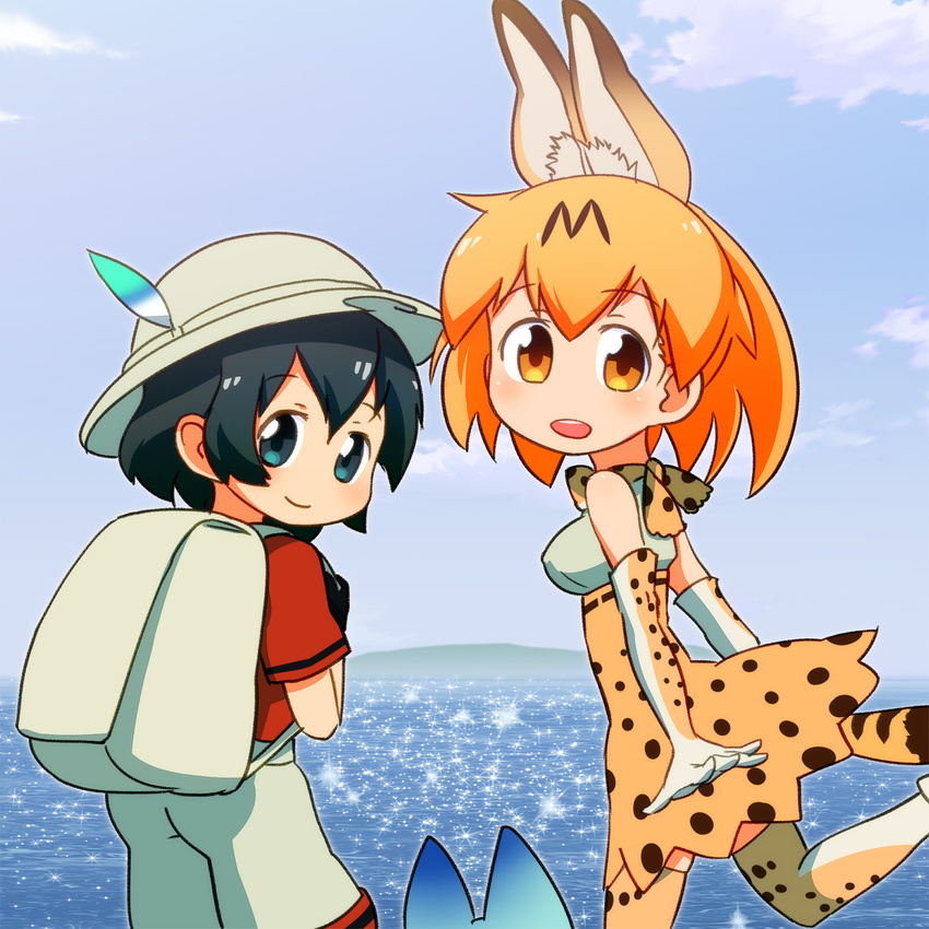 :d animal_ears backpack bag black_gloves black_hair blue_eyes cloud commentary_request elbow_gloves extra_ears gloves hat hat_feather high-waist_skirt highres kaban_(kemono_friends) kemono_friends looking_at_viewer lucky_beast_(kemono_friends) multiple_girls ocean open_mouth orange_eyes orange_hair print_gloves print_legwear print_skirt red_shirt sat-c serval_(kemono_friends) serval_ears serval_print serval_tail shirt short_hair shorts skirt smile tail thighhighs white_hat white_shorts