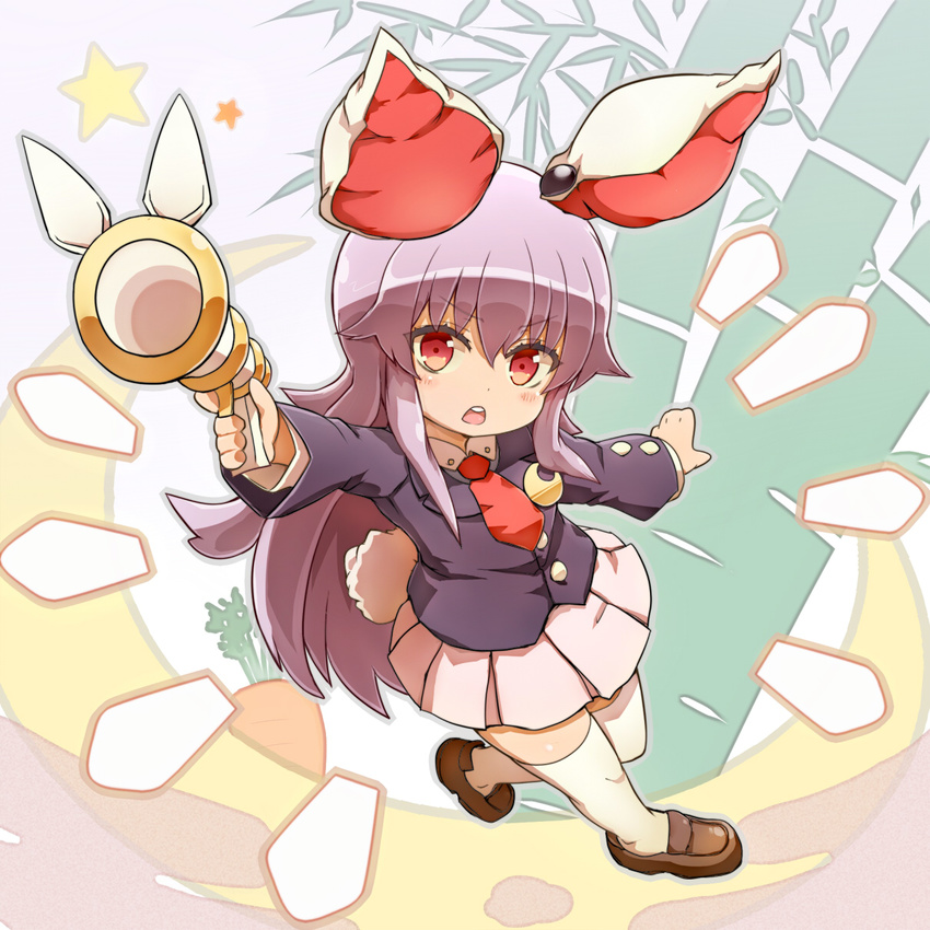 animal_ears arm_up bamboo bangs blush brown_footwear bunny_ears bunny_tail carrot commentary_request crescent crescent_moon_pin eyebrows_visible_through_hair full_body highres holding holding_weapon komito loafers long_hair long_sleeves looking_at_viewer lunatic_gun open_mouth pink_skirt pleated_skirt purple_hair red_eyes red_neckwear reisen_udongein_inaba shoes sidelocks skirt solo standing standing_on_one_leg star tail thighhighs touhou weapon white_legwear