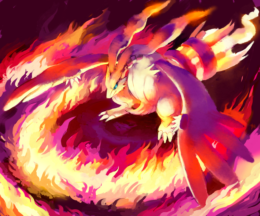claws fire full_body gen_5_pokemon glitchedpuppet highres looking_away looking_down no_humans pokemon pokemon_(creature) reshiram solo
