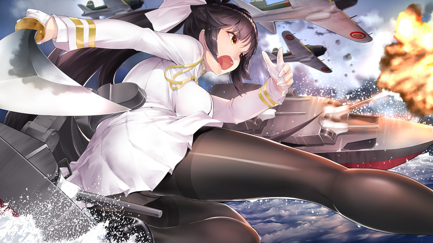 absurdres ass azur_lane bangs black_footwear black_hair black_legwear blunt_bangs bow breasts cannon cloud cloudy_sky commentary_request crotch_seam day explosion eyebrows_visible_through_hair eyelashes from_behind from_side gloves hair_bow hair_flaps half_gloves hands_up highres holding holding_sword holding_weapon katana large_breasts loafers long_hair long_sleeves looking_to_the_side machinery military military_uniform miniskirt ocean open_mouth outdoors panties panties_under_pantyhose pantyhose pantyshot pantyshot_(squatting) pleated_skirt ponytail ready_to_draw ribbon rigging rin2008 scabbard sheath shiny shiny_clothes shoes skirt sky solo splashing squatting sword takao_(azur_lane) teeth thighband_pantyhose thighs tsurime turret underwear uniform unsheathed upper_teeth upskirt very_long_hair water weapon white_bow white_gloves white_panties white_ribbon white_skirt yellow_eyes