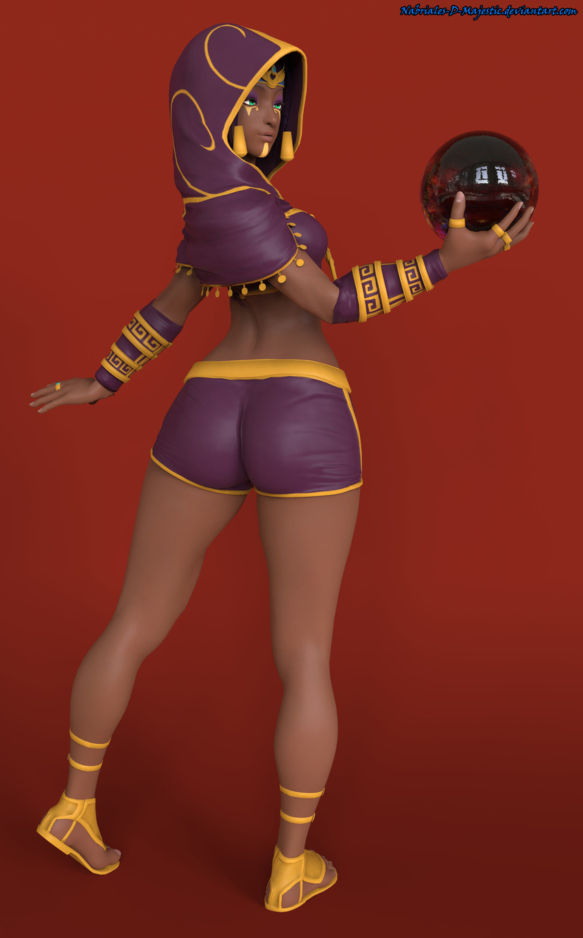 1girl 3d ass butt_crack crystal_ball curvy dark_skin green_eyes hips hoodie legs menat purple_hair solo street_fighter street_fighter_v tanned tanned_skin the_majestic thighs wide_hips