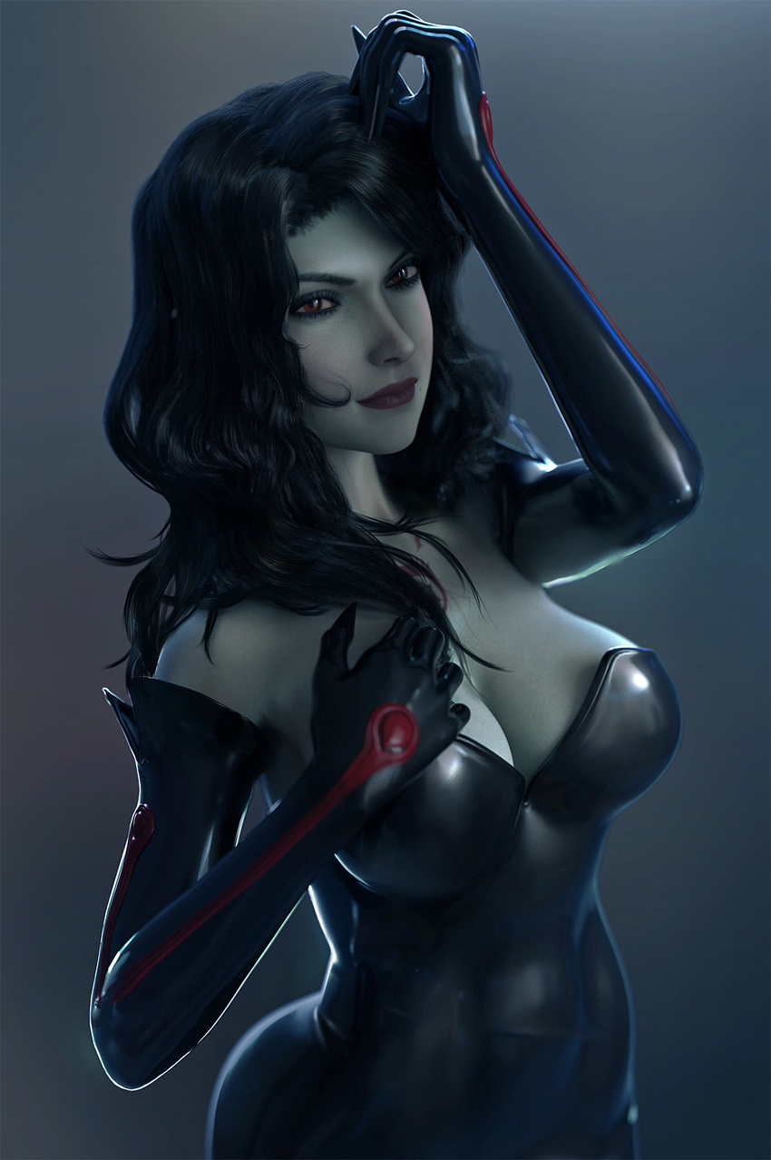 3d black_dress black_gloves black_hair breasts chest_tattoo cleavage commentary curly_hair dress elbow_gloves fullmetal_alchemist gloves highres large_breasts lust pale_skin simple_background smile solo tattoo upper_body wen_jr