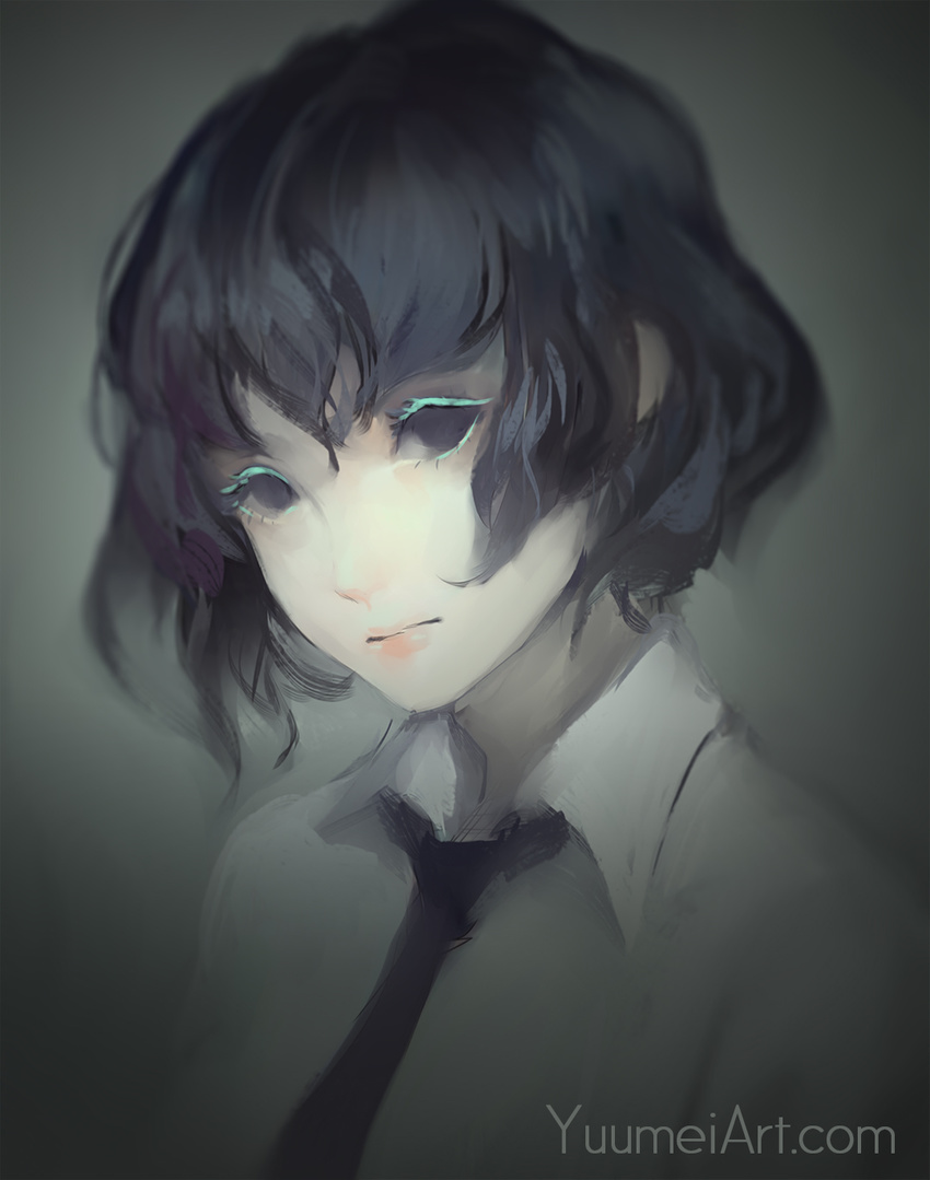 bangs black_eyes black_hair black_neckwear closed_mouth collared_shirt colored_eyelashes commentary highres looking_at_viewer necktie original pale_skin shirt short_hair solo upper_body watermark web_address wenqing_yan white_shirt wing_collar