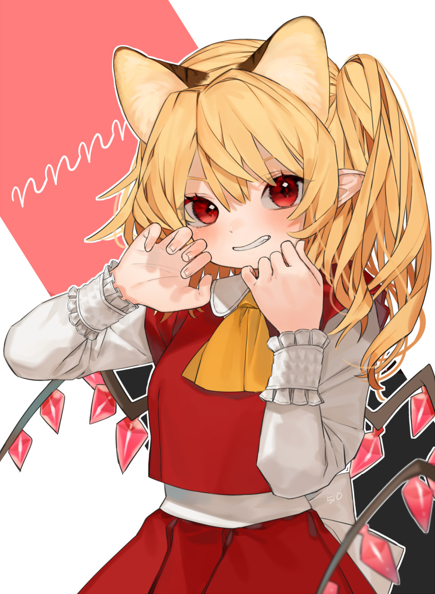 1girl animal_ear_fluff animal_ears ascot bangs blonde_hair blush breasts cat_ears commentary cowboy_shot crystal extra_ears flandre_scarlet gotoh510 grin hair_between_eyes hands_up highres long_hair long_sleeves looking_at_viewer no_hat no_headwear one_side_up outline pink_background pointy_ears red_eyes red_skirt red_vest shirt skirt skirt_set small_breasts smile solo touhou two-tone_background vest white_background white_outline white_shirt wings yellow_neckwear