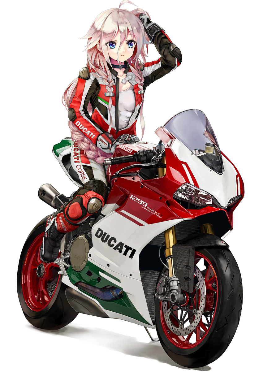 absurdres ahoge alternate_costume arm_up biker_clothes bikesuit black_choker blue_eyes braid breasts choker clothes_writing collarbone commentary ducati ducati_1299_panigale_r elbow_pads eyebrows_visible_through_hair full_body ground_vehicle hair_between_eyes hand_in_hair highres ia_(vocaloid) knee_pads long_hair motor_vehicle motorcycle on_motorcycle parted_lips partially_unzipped shiny shiny_hair shirt shoulder_pads simple_background sitting small_breasts smile solo straddling takepon1123 very_long_hair vocaloid white_background white_shirt