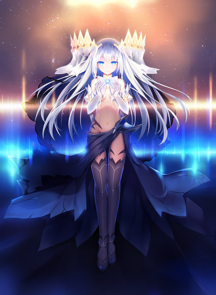 absurdres aoi_kao_(lsz7106) bare_shoulders blue_dress blue_eyes blue_legwear bow breasts commentary_request crown date_a_live dress elbow_gloves full_body gloves highres long_hair navel revealing_clothes silver_hair sky small_breasts smile solo star_(sky) starry_sky thighhighs tobiichi_origami veil very_long_hair white_bow white_gloves