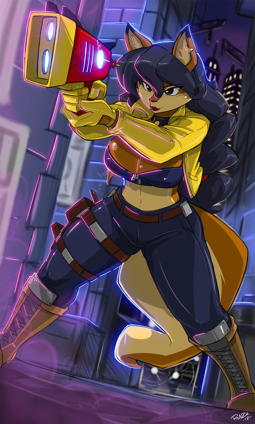 2018 anthro belt big_breasts black_nose blue_hair boots breasts canine carmelita_fox cleavage clothed clothing ear_piercing female footwear fox gloves gun hair hi_res holding_object holding_weapon jacket jeans lipstick long_hair makeup mammal pants piercing ranged_weapon shonuff sly_cooper_(series) solo video_games weapon