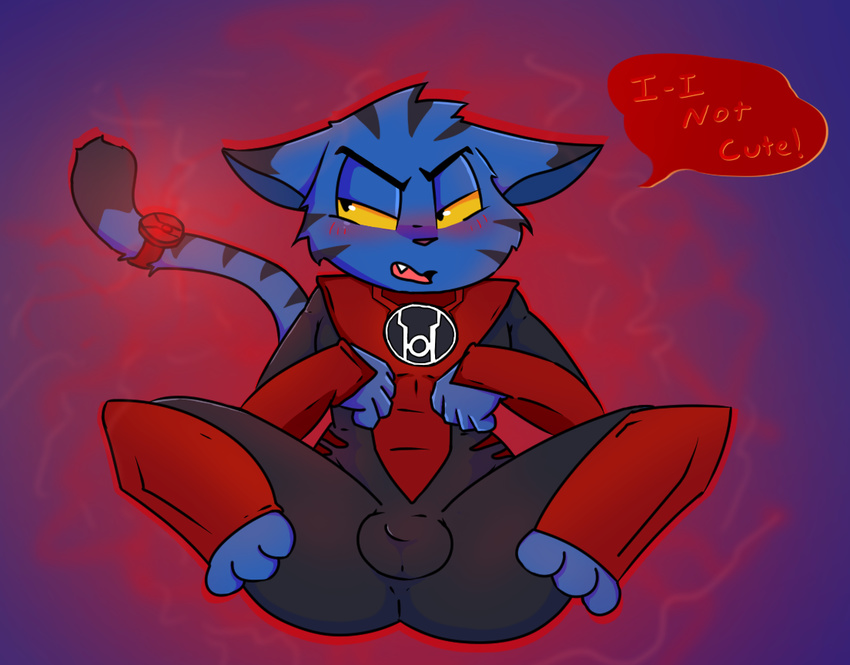 anthro blue_fur blush bulge cat clothing dc_comics dex-starr dialogue feline fur iguanasarecool invalid_tag male mammal markings open_mouth red_lantern ring spreading suit text yellow_eyes