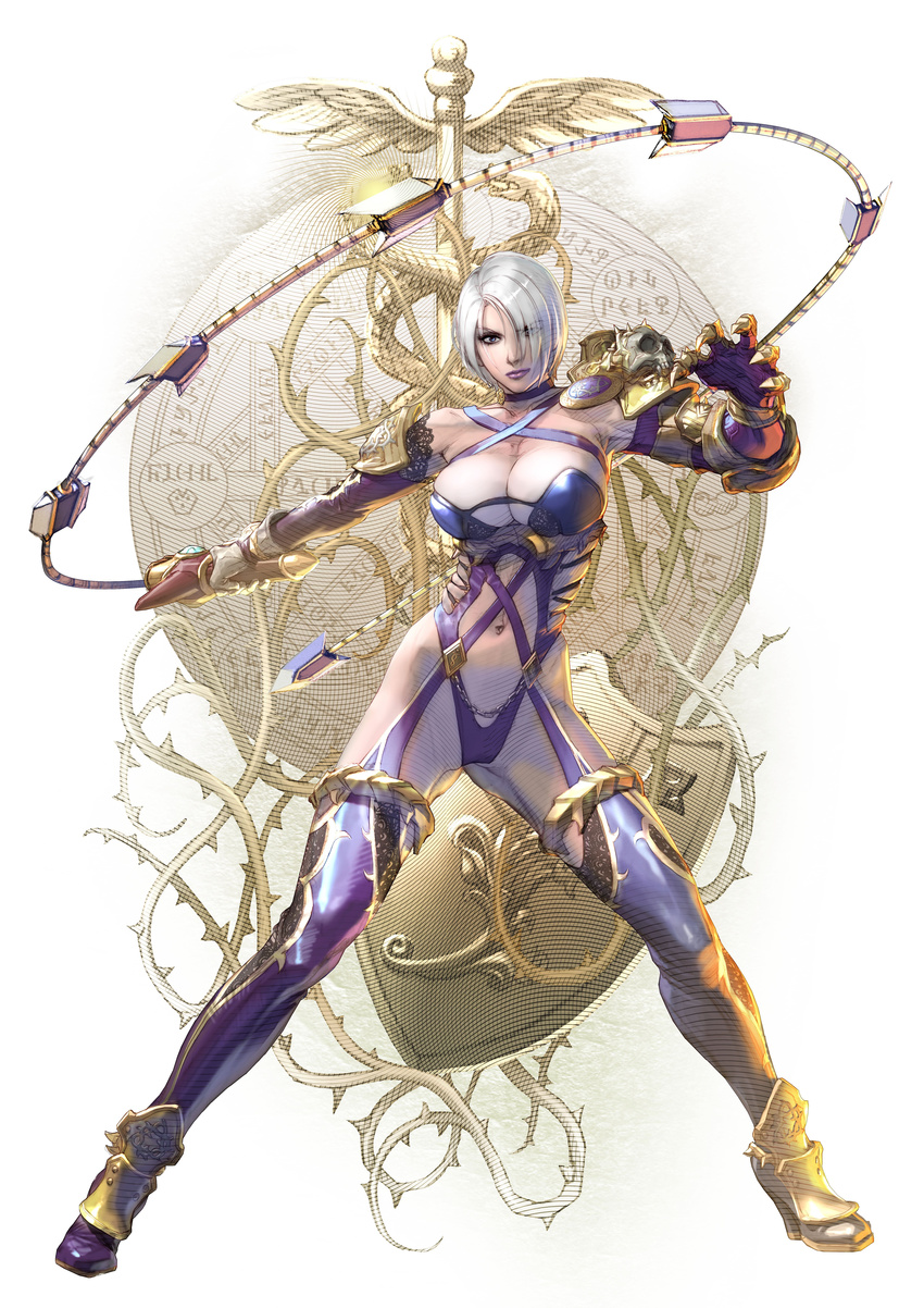 absurdres breasts chain collar collarbone eyes_visible_through_hair gauntlets hair_over_one_eye highres holding holding_sword holding_weapon isabella_valentine kawano_takuji large_breasts legs light_smile lipstick looking_at_viewer makeup navel official_art pauldrons purple_legwear purple_lipstick revealing_clothes short_hair skindentation solo soulcalibur soulcalibur_vi sword thighhighs thighs weapon whip whip_sword white_hair