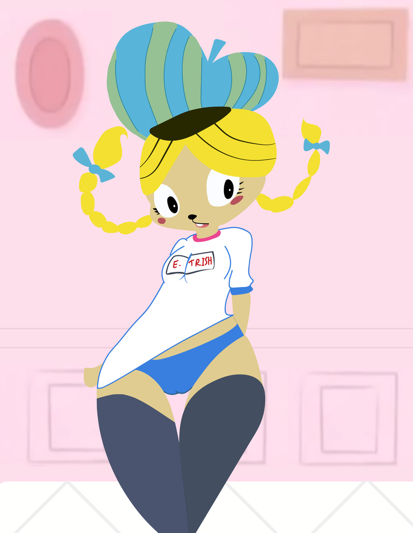animal_humanoid anthro athletic blush bottomless bow camel_toe cartoon_network chipmunk clothed clothing covering covering_up eurotrish female foster's_home_for_imaginary_friends humanoid legwear mammal panties rodent shirt solo sport sportswear stockings thigh_highs track underwear vono yandini