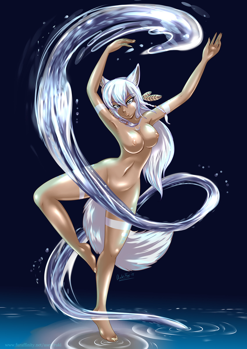 2018 animal_humanoid balancing blue_background blue_eyes braided_hair breasts claws convenient_censorship feather_in_hair feathers female fluffy fluffy_tail fox_humanoid fur hair hi_res humanoid long_hair looking_at_viewer mizuki_akemi navel nipples nude pointy_ears pussy rukifox simple_background solo tan_skin toe_claws water waterbending white_fur white_hair