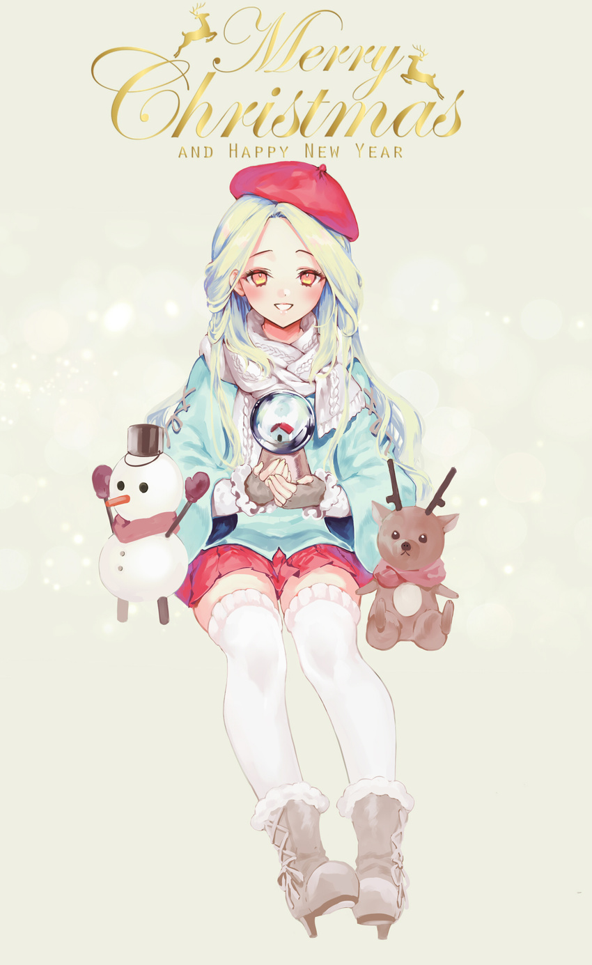 absurdres beret black_joa blonde_hair blue_coat boots christmas commentary cursive doll fingerless_gloves full_body gloves happy_new_year hat high_heel_boots high_heels highres long_hair merry_christmas new_year original red_eyes red_skirt reindeer reindeer_plushie scarf sitting skirt smile snow snow_globe snowman solo thighhighs white_legwear yellow_background zettai_ryouiki