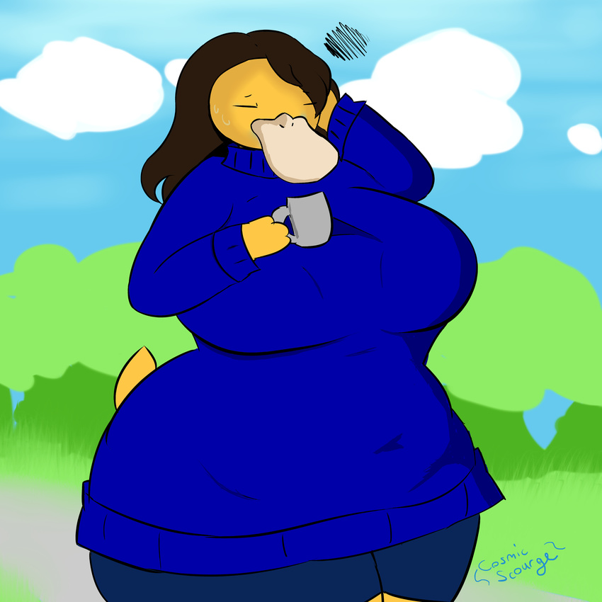 2018 anthro belly big_belly big_breasts breasts clothed clothing cosmicscourge cup female headache huge_breasts huge_hips hyper hyper_breasts nintendo obese overweight pok&eacute;mon pok&eacute;mon_(species) psyduck solo sweater thick_thighs video_games voluptuous