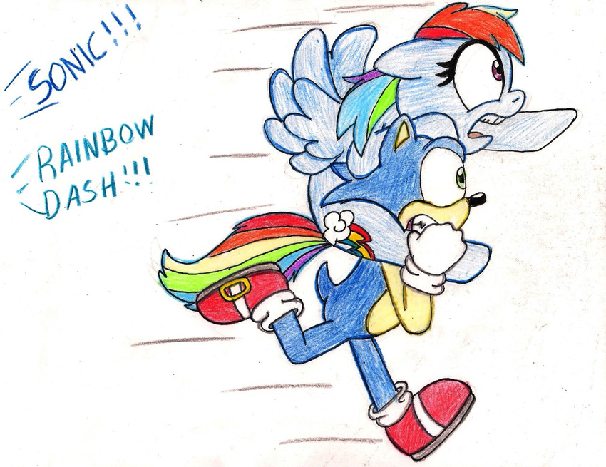 crossover cutie_mark equine female friendship_is_magic hedgehog horse invalid_tag male mammal my_little_pony pegasus pony rainbow_dash_(mlp) running silversimba01 simple_background sonic_(series) sonic_the_hedgehog traditional_media_(artwork) video_games wings
