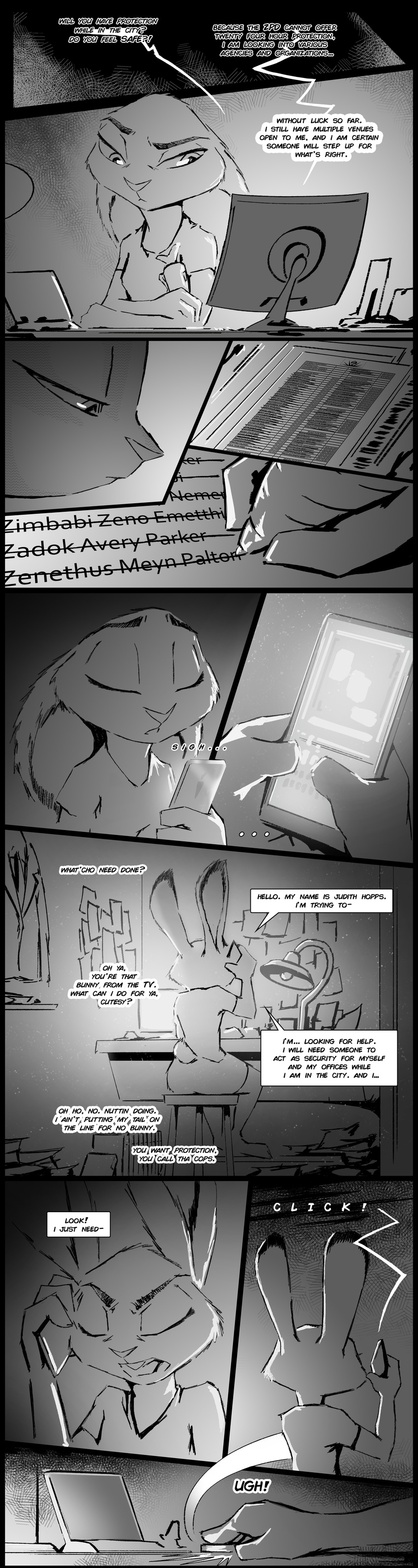 2018 anthro barefoot buckteeth cellphone clothed clothing comic desk dialogue dipstick_ears disney english_text female greyscale holding_object holding_phone inside judy_hopps lagomorph lamp mammal monitor monochrome paper pen phone rabbit sitting solo stool teeth text thewyvernsweaver unseen_character zootopia