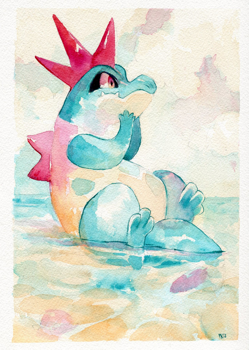 border commentary creature crocodile crocodilian croconaw fangs full_body gen_2_pokemon glitchedpuppet hands_up highres leaning_back looking_afar looking_to_the_side no_humans pokemon pokemon_(creature) red_eyes signature sitting sitting_on_water solo traditional_media water watercolor_(medium) white_border