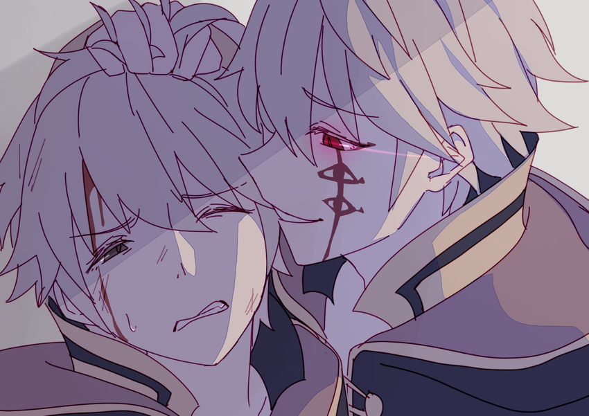 black_eyes blood blood_on_face evil_grin evil_smile eyebrows_visible_through_hair facial_tattoo fire_emblem fire_emblem:_kakusei fire_emblem_heroes gimurei grin hair_between_eyes hood hooded_jacket jacket male_focus male_my_unit_(fire_emblem:_kakusei) multiple_boys my_unit_(fire_emblem:_kakusei) one_eye_closed red_eyes smile tattoo white_hair xin_(24914)