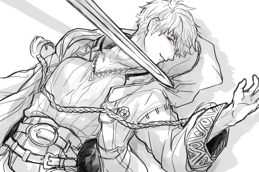 falchion_(fire_emblem) fire_emblem fire_emblem:_kakusei fire_emblem_heroes greyscale krom looking_at_viewer male_focus male_my_unit_(fire_emblem:_kakusei) mamkute monochrome my_unit_(fire_emblem:_kakusei) nezumoto smile solo