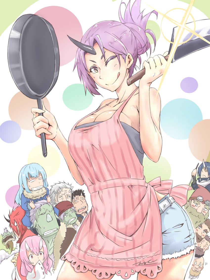 1other 2girls 6+boys ;q alternate_costume apron bare_shoulders belt benimaru_(tensei_shitara_slime_datta_ken) blue_shorts breasts carrying character_request clenched_teeth crop_top cutoffs denim denim_shorts fleeing frying_pan gobuta_(tensei_shitara_slime_datta_ken) hakurou_(tensei_shitara_slime_datta_ken) highres knife large_breasts looking_at_viewer multiple_boys multiple_girls ninja one_eye_closed pink_apron purple_eyes purple_hair rigurudo_(tensei_shitara_slime_datta_ken) rimuru_tempest shion_(tensei_shitara_slime_datta_ken) short_shorts shorts shoulder_carry shuna_(tensei_shitara_slime_datta_ken) solo_focus strapless sweatdrop teeth tensei_shitara_slime_datta_ken tongue tongue_out tubetop user_ggvk4744