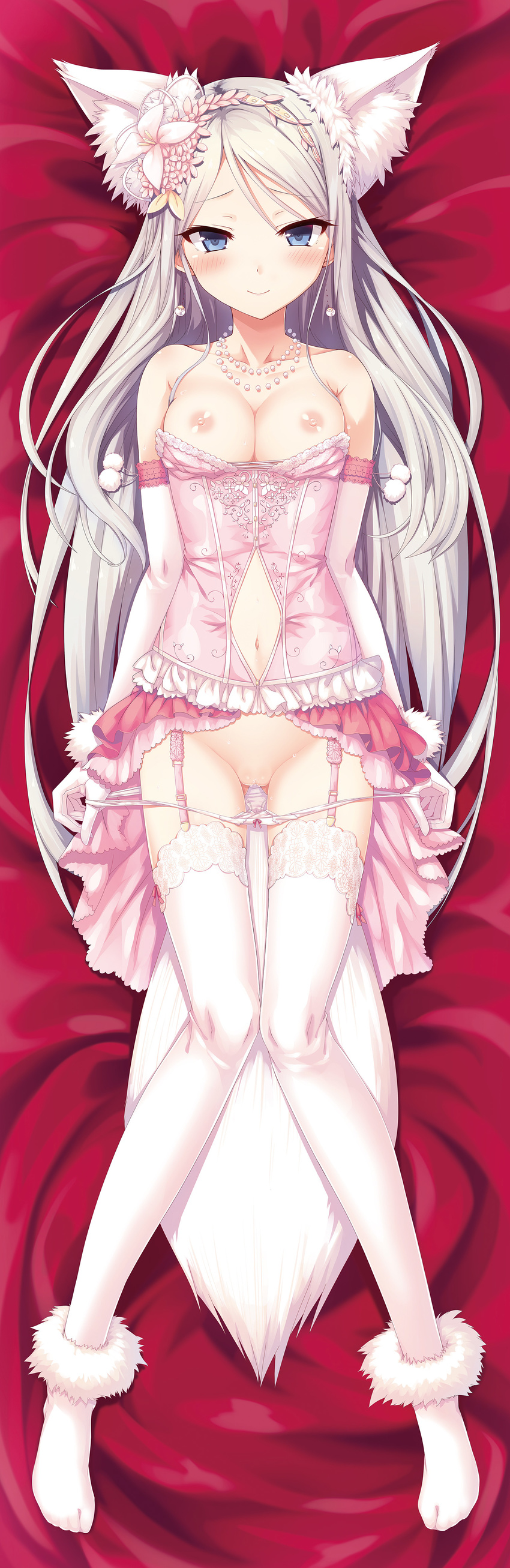 absurdres animal_ears bangs blue_eyes blush bow bow_panties breasts closed_mouth collarbone cura dakimakura earrings elbow_gloves enty_reward eyebrows_visible_through_hair flower full_body garter_straps gloves hair_flower hair_ornament highres houshou_kisaki jewelry long_hair looking_at_viewer lying maitetsu medium_breasts navel navel_cutout necklace nipples no_shoes on_back paid_reward panties panty_pull pearl_necklace pink_flower pink_shirt pom_pom_(clothes) pulled_by_self pussy pussy_juice shirt silver_hair smile solo strapless tail thighhighs underwear very_long_hair white_gloves white_legwear white_panties wolf_ears wolf_girl wolf_tail