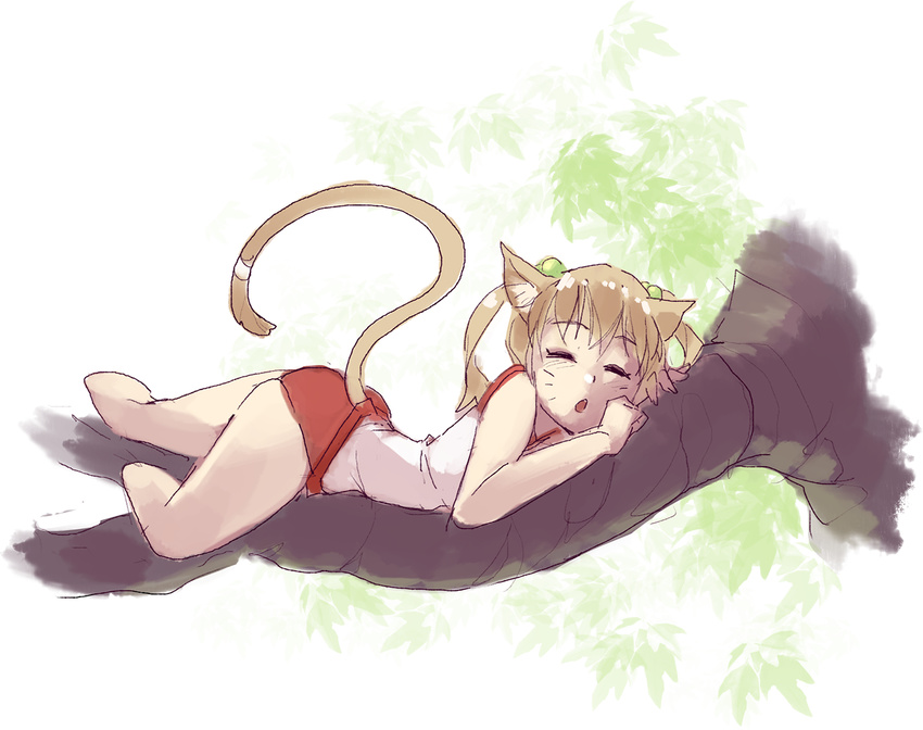 amputee animal_ears blonde_hair branch buruma cat_day cat_ears cat_tail closed_eyes double_amputee gym_uniform hair_bobbles hair_ornament ibarazaki_emi katawa_shoujo kemonomimi_mode lying no_legs open_mouth red_buruma rtil sketch sleeping solo tail tree_branch twintails whisker_markings