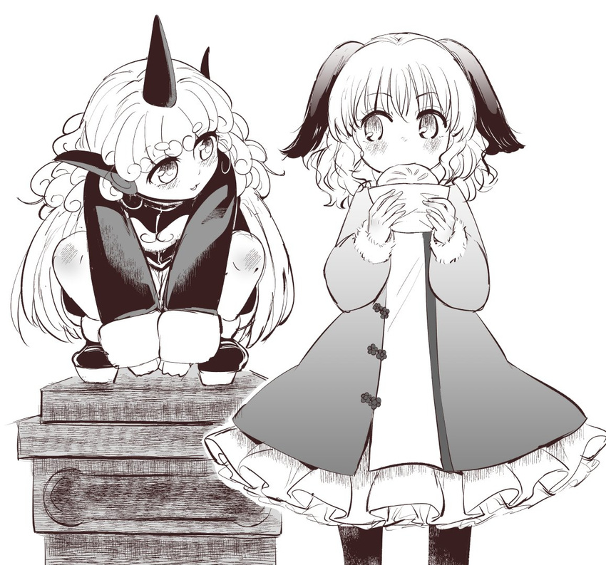 animal_ears baozi between_legs commentary curly_hair dog_ears dress eating eye_contact food geta greyscale hand_between_legs holding holding_food horn jacket kasodani_kyouko komano_aun long_hair long_sleeves looking_at_another medium_hair monochrome multiple_girls nibi oekaki pantyhose shorts sideways_glance squatting standing touhou white_background