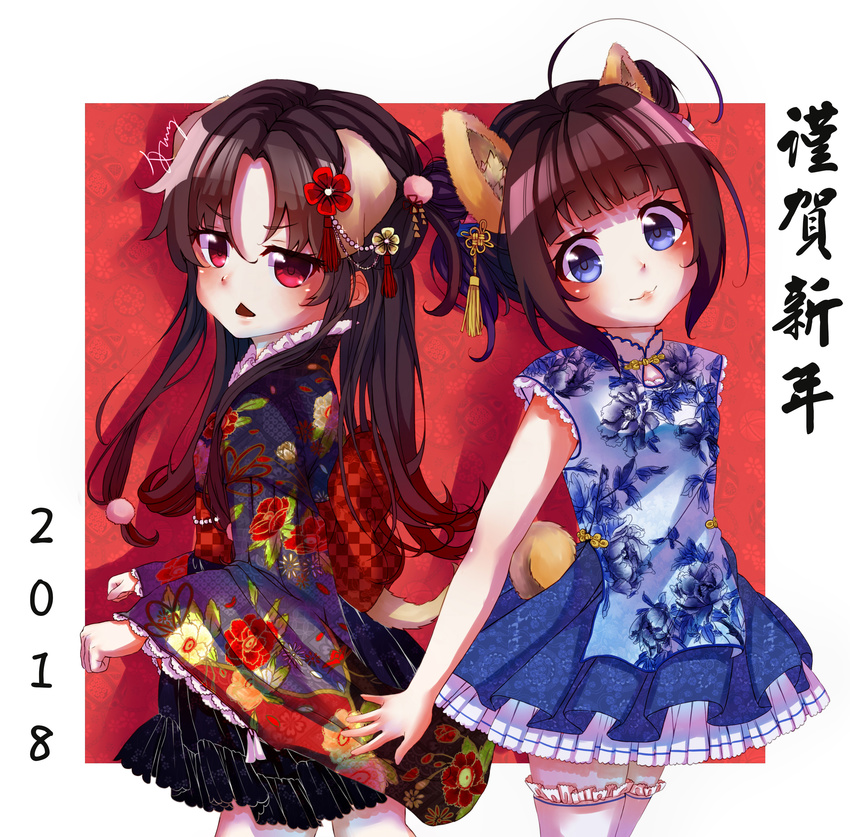 2girls :3 absurdres ahoge animal_ears bangs black_kimono black_skirt blue_dress blue_eyes blue_skirt blunt_bangs blush brown_hair checkered china_dress chinese_clothes closed_mouth commentary_request dog_ears dog_girl dog_tail dress eyebrows_visible_through_hair floral_print gradient_hair hair_between_eyes hair_ornament head_tilt highres hinatsuru_ai japanese_clothes kemonomimi_mode kimono lolita_fashion long_hair looking_at_viewer looking_to_the_side multicolored_hair multiple_girls obi parted_lips pleated_skirt print_dress print_kimono qi_lolita red_eyes red_hair ryuuou_no_oshigoto! sash signature skirt tail thighhighs translation_request tung_tung unmoving_pattern wa_lolita white_legwear yashajin_ai