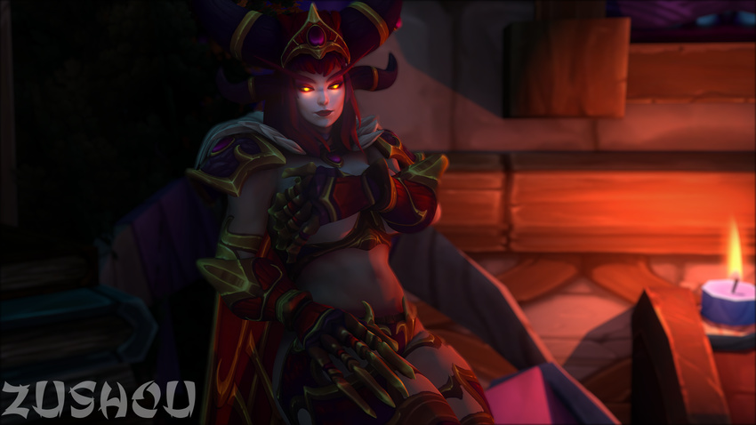 alexstrasza animal_humanoid armor breasts cape clothed clothing covering covering_breasts dragon dragon_humanoid female gem glowing glowing_eyes hair horn humanoid long_eyebrows looking_at_viewer navel not_furry red_hair sitting skimpy unconvincing_armor video_games warcraft yellow_eyes zushou