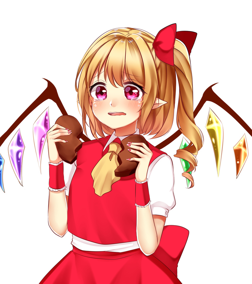 ascot bad_id bad_pixiv_id blonde_hair blush bow broken broken_heart chocolate chocolate_heart cowboy_shot crying crying_with_eyes_open flandre_scarlet hair_bow heart highres nail_polish one_side_up pink_eyes pointy_ears red_bow red_nails red_vest shiki_(s1k1xxx) short_sleeves simple_background solo tears touhou valentine vest wavy_mouth white_background wings wrist_cuffs yellow_neckwear