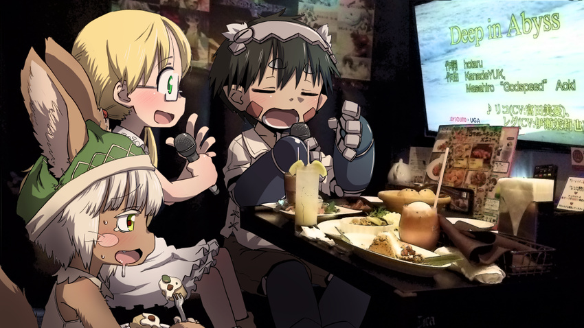 1girl 1other animal_ears black_hair blonde_hair drink drooling eating furry glasses green_eyes hat karaoke made_in_abyss mechanical_arm microphone music nanachi_(made_in_abyss) photo_background pointy_ears regu_(made_in_abyss) riko_(made_in_abyss) singing uchuu_ika white_hair