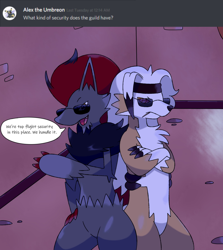 2019 aiden_laninga ask_blog back_to_back canid canine claws dialogue digital_media_(artwork) dominic_armois duo english_text eyewear fur grey_fur hi_res inside lycanroc male mammal midnight_lycanroc nintendo open_mouth pok&eacute;mon pok&eacute;mon_(species) pok&eacute;mon_mystery_dungeon reallydarkandwindie red_claws sunglasses text tooth_pick video_games wanderlust white_fur yellow_eyes zoroark