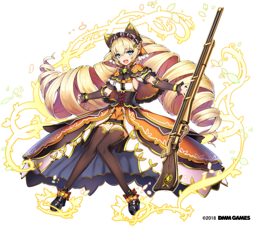 1girl :d animal_ears arm_warmers bayonet black_footwear blonde_hair blue_eyes bow breasts brown_legwear capelet clenched_hand corset dmm dress drill_hair full_body gemini_seed gun hair_ornament holding looking_at_viewer official_art open_mouth orange_bow orange_capelet orange_dress sessue shoes small_breasts smile standing thighhighs twin_drills weapon white_background