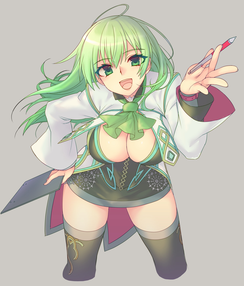 absurdres ahoge border_break breasts cleavage clipboard commentary_request fiona_(border_break) green_eyes green_hair highres large_breasts long_sleeves open_mouth pen sasaki_shou skirt solo thighhighs wide_sleeves