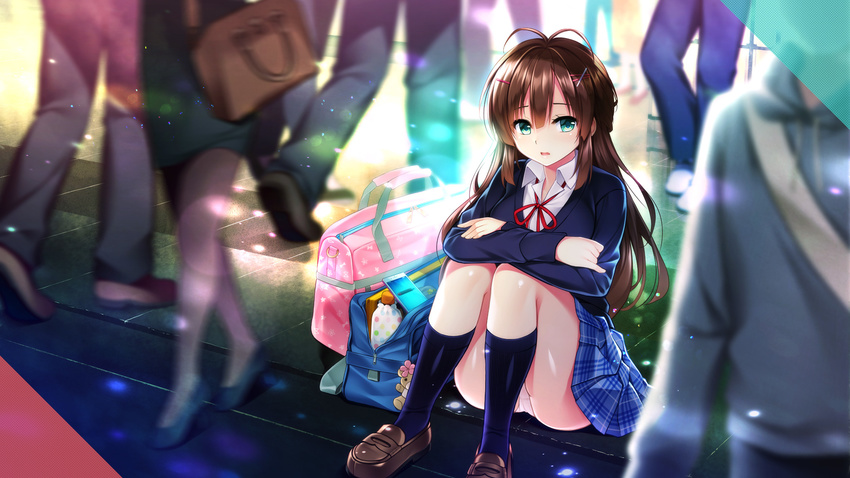 antenna_hair bag black_legwear blue_legwear blue_skirt blue_sweater brown_footwear brown_hair floating_hair green_eyes hair_between_eyes highres ikura_nagisa kami_machi_sana-chan long_hair looking_at_viewer miniskirt neck_ribbon panties pantyshot pantyshot_(sitting) pleated_skirt red_ribbon ribbon school_bag shiny shiny_skin shirt shoes sitting skirt solo_focus sweater takao_sana underwear very_long_hair white_panties white_shirt