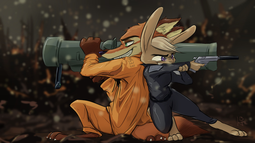 2018 anthro back_to_back barefoot belt canine clothed clothing collar crouching disney duo female fox green_eyes gun handgun holding_object holding_weapon ittybittykittytittys judy_hopps lagomorph male mammal nick_wilde pistol police_uniform prison_uniform purple_eyes rabbit ranged_weapon rocket_launcher shock_collar signature silencer smile standing uniform utility_belt weapon zootopia