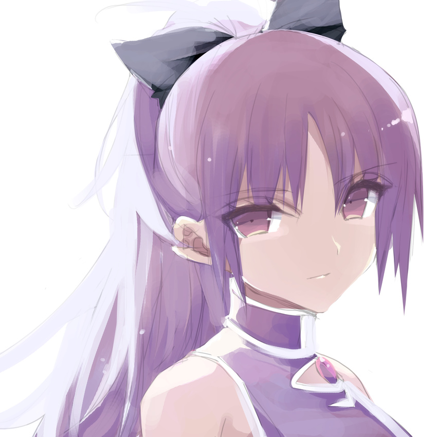 absurdres armpit_crease bad_id bad_pixiv_id bare_shoulders black_bow bow closed_mouth commentary ears_visible_through_hair eyebrows_visible_through_hair gem hair_between_eyes hair_bow highres jewelry long_hair looking_at_viewer mahou_shoujo_madoka_magica misteor purple_eyes purple_hair sakura_kyouko solo white_background