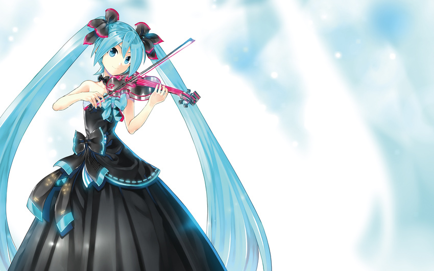 aqua_eyes aqua_hair bow dress hatsune_miku highres instrument kei_(keigarou) long_hair miku_symphony_(vocaloid) simple_background solo twintails very_long_hair violin vocaloid wallpaper