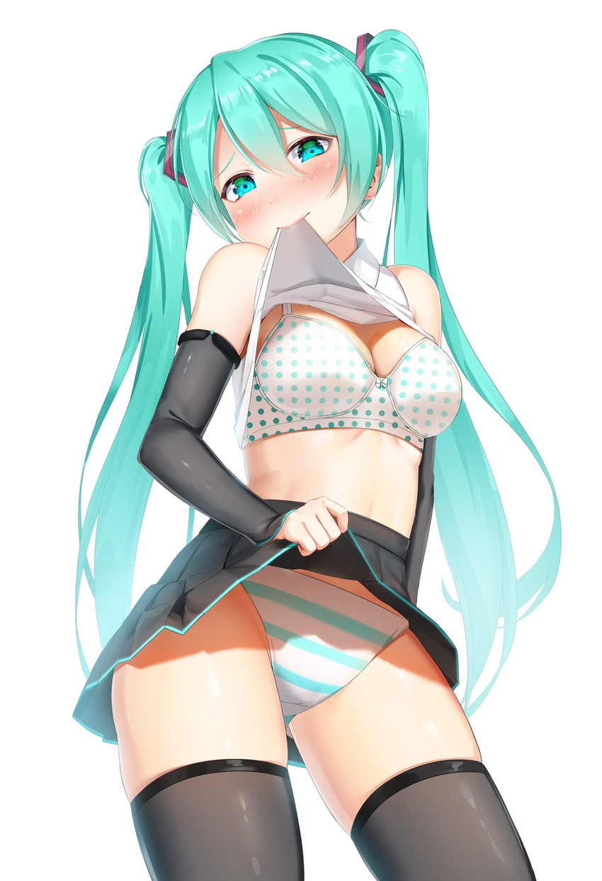 aqua_eyes aqua_hair ass_visible_through_thighs bare_shoulders black_skirt bow bow_bra bra breasts cleavage detached_sleeves green_eyes hachinatsu hair_ornament hatsune_miku head_tilt highres lifted_by_self long_hair long_sleeves looking_at_viewer medium_breasts midriff mismatched_underwear panties pleated_skirt polka_dot polka_dot_bra raised_eyebrows shiny shiny_hair shiny_skin shirt shirt_lift simple_background skin_tight skirt skirt_lift sleeveless sleeveless_shirt solo standing striped striped_panties thighhighs thighs twintails underwear very_long_hair vocaloid white_background white_bra