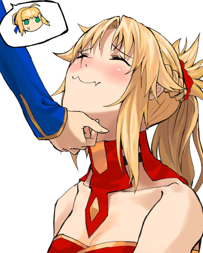 :3 ^_^ ahoge artoria_pendragon_(all) bangs blonde_hair blush chibi chibi_inset chin_tickle closed_eyes collarbone detached_collar fang_out fate/apocrypha fate/grand_order fate_(series) high_ponytail highres long_hair mordred_(fate) mordred_(fate)_(all) multiple_girls out_of_frame parted_bangs red_scrunchie saber scrunchie simple_background smile speech_bubble sweatdrop upper_body white_background zonotaida