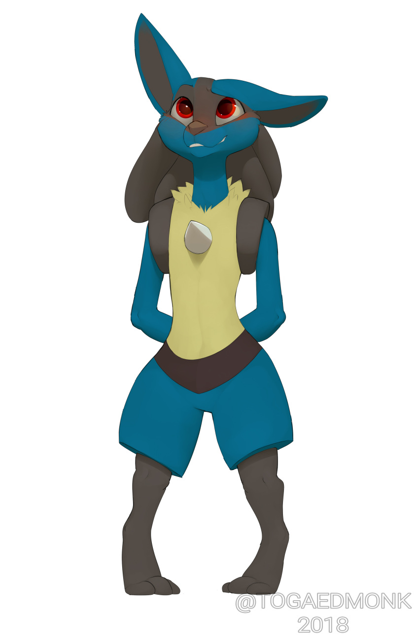 2018 3_toes absurd_res anthro biped black_fur black_hair black_nose blue_fur canine digital_media_(artwork) fur hair hands_behind_back hi_res lucario mammal multicolored_fur nintendo pok&eacute;mon pok&eacute;mon_(species) raised_eyebrows red_eyes shy simple_background smile solo standing toes togaed video_games white_background yellow_fur