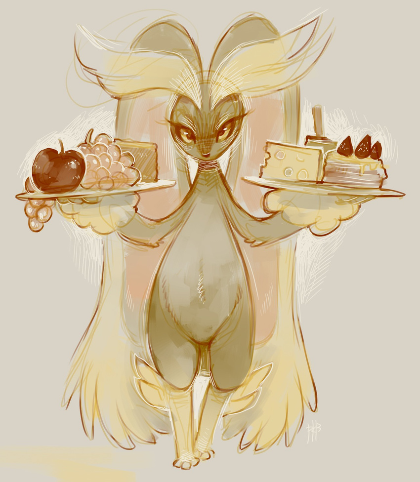 arms_up cake cheese collar eyebrows eyelashes food fruit full_body gen_4_pokemon glitchedpuppet grapes highres holding holding_tray looking_at_viewer lopunny no_humans pokemon pokemon_(creature) pokemon_(game) pokemon_dppt signature slice_of_cake solo standing strawberry tray yellow_eyes