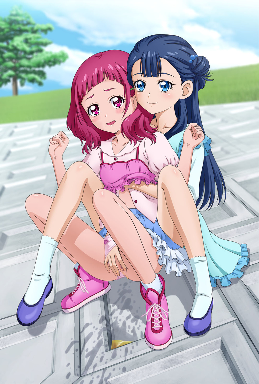 2girls blue_eyes blue_hair blue_sky bow bow_panties censored closed_mouth cloud day dress full_body hand_in_panties hugtoo!_precure long_hair multiple_girls nono_hana open_mouth panties_aside peeing pink_bow pink_eyes pink_hair precure shoelaces shoes sky smile socks spread_pussy squatting tooo tree underwear white_legwear yakushiji_saaya yuri