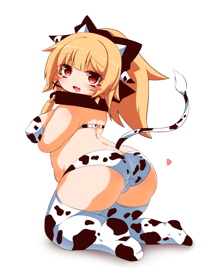 &lt;3 2015 animal_humanoid anthro blush bovine bra breasts brown_hair clothed clothing collar cow_humanoid female hair humanoid kikira1203 legwear looking_at_viewer mammal open_mouth red_eyes simple_background slightly_chubby solo stockings underwear white_background