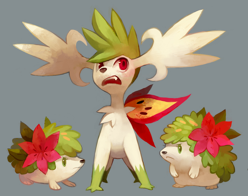 commentary eye_contact eyelashes frown full_body fushigi_no_dungeon gen_4_pokemon glitchedpuppet green_eyes grey_background highres legendary_pokemon looking_at_another looking_up no_humans pokemon pokemon_(creature) pokemon_(game) pokemon_fushigi_no_dungeon red_eyes shaymin simple_background standing v-shaped_eyebrows