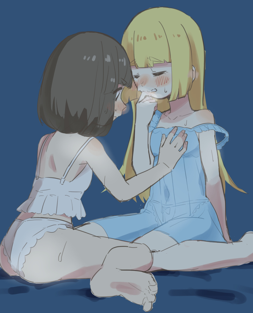 2girls barefoot black_hair blonde_hair blush breast_grab deathroling eyes_closed feet female lillie_(pokemon) long_hair mizuki_(pokemon_sm) multiple_girls panties pokemon pokemon_(game) pokemon_sm soles strap_slip underwear wariza yuri